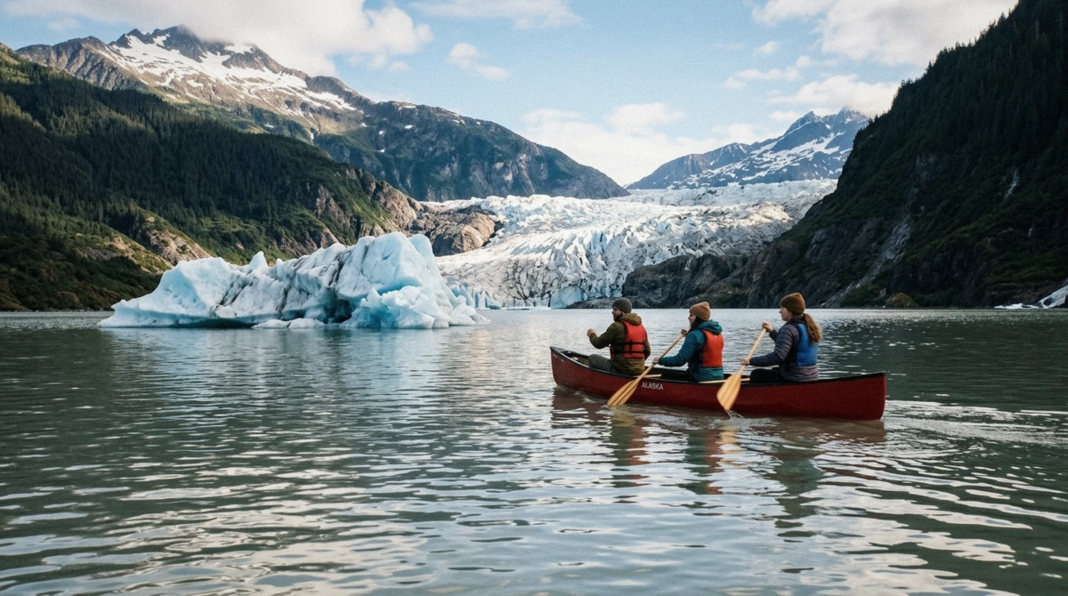 Paddlers in provided rain gear crossing iceberg-dotted Mendenhall Lake, an example of what to wear at Mendenhall Glacier when the tour supplies the kit