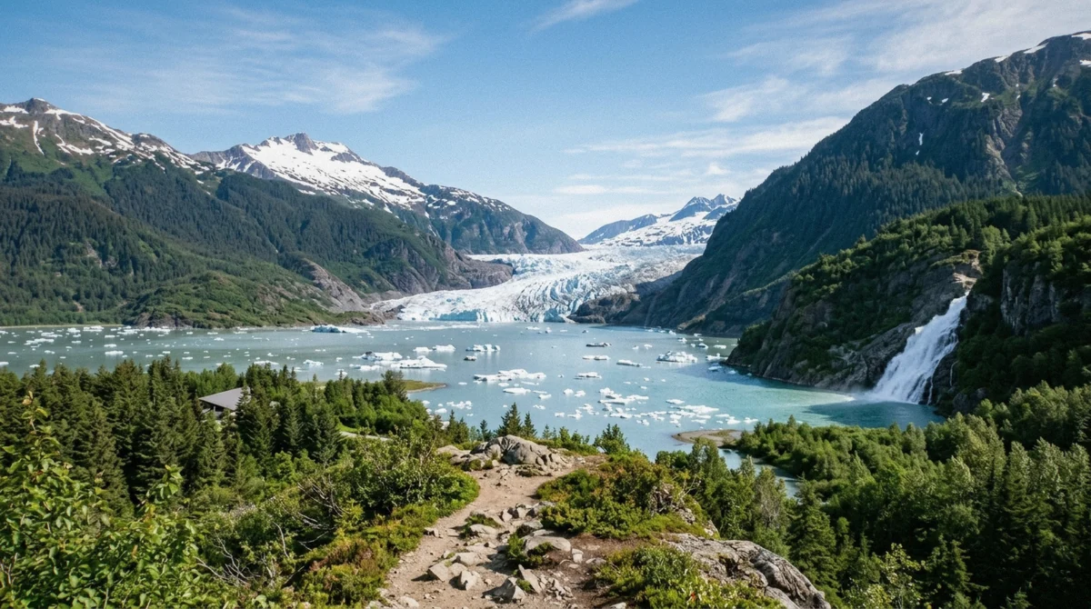 Mendenhall Lake, the terminus and the surrounding trails from above, showing where the Mendenhall Glacier ice caves once formed relative to the Visitor Center