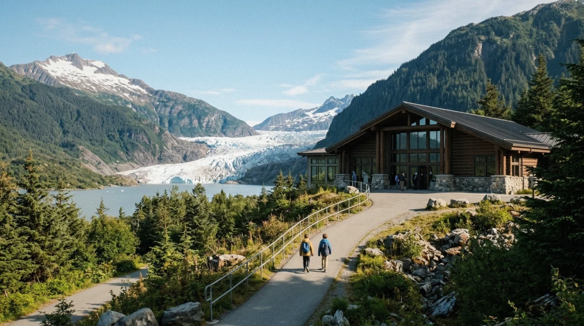 The Mendenhall Glacier Visitor Center viewing deck above the lake, the arrival point for every shuttle and taxi from the Juneau cruise port